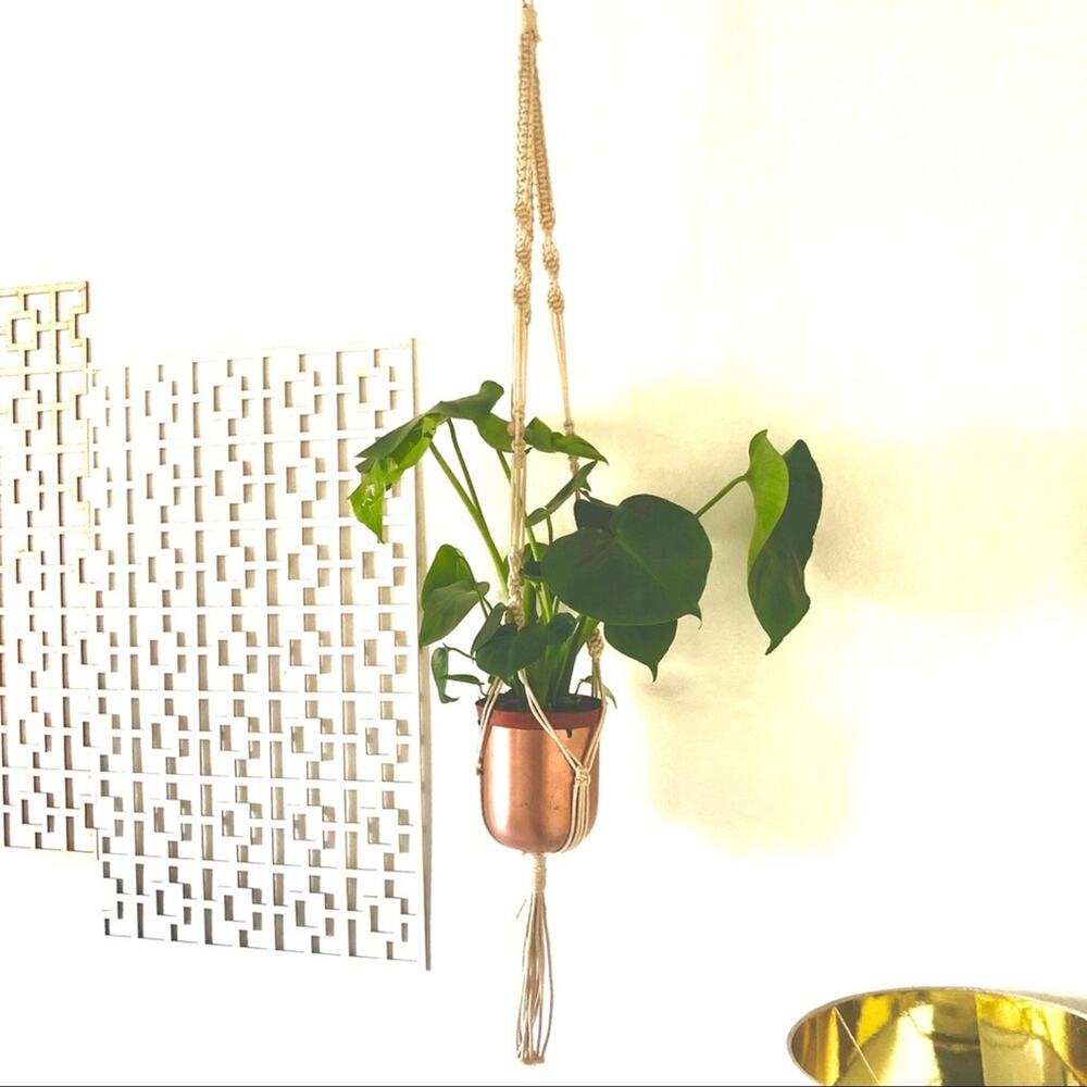 NEW HANDMADE White Woven Macrame Wood Bead Boho Beachy Jungalow Plant Hanger